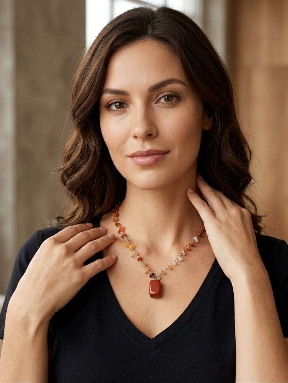 Natural Carnelian Faded Glory Semi-Precious Chip Necklace - Red/Brown